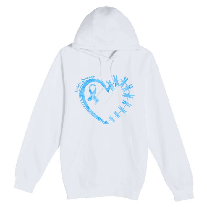 Diabetes Awareness Blue Dragonfly Ribbon Heart Premium Pullover Hoodie