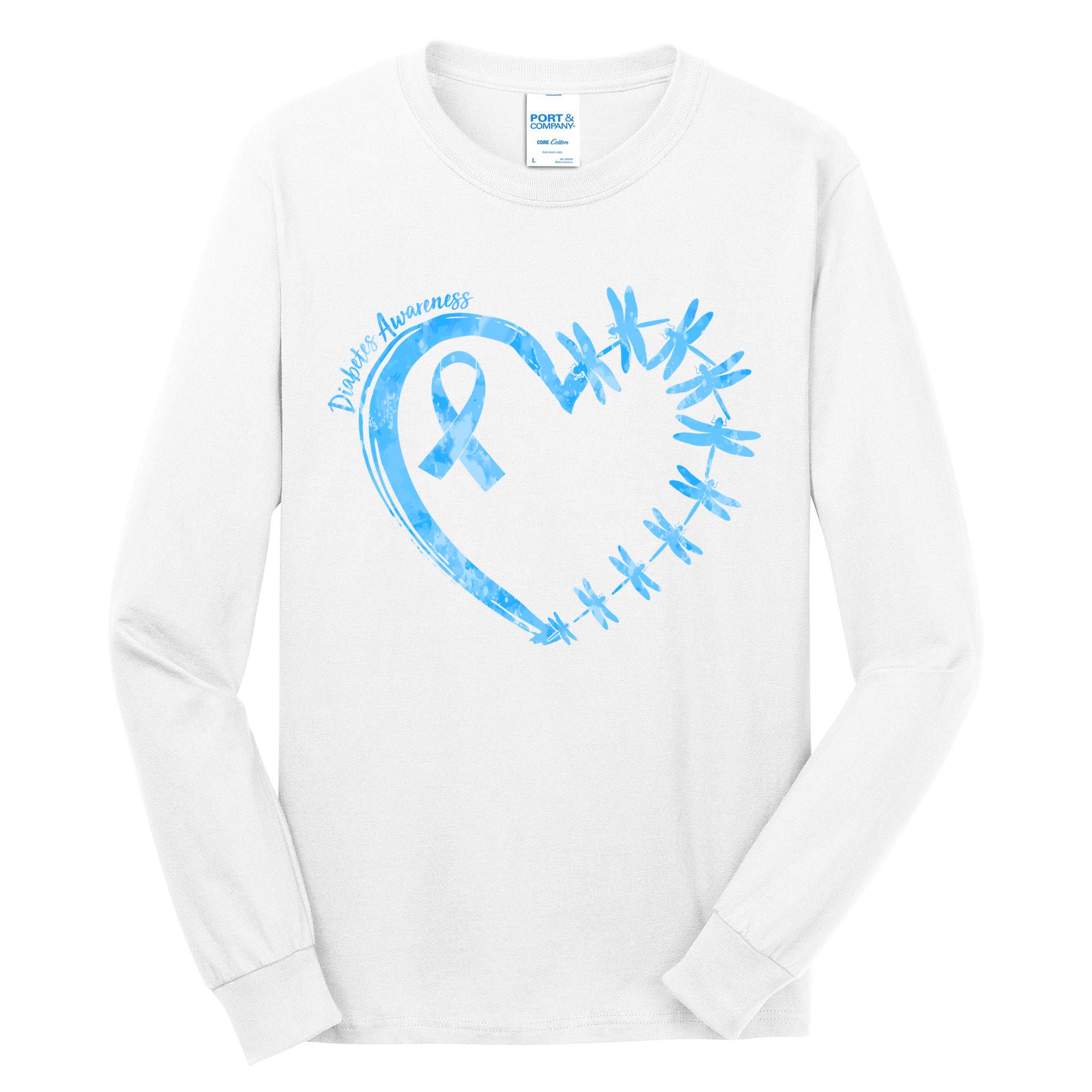 Diabetes Awareness Blue Dragonfly Ribbon Heart Tall Long Sleeve T-Shirt