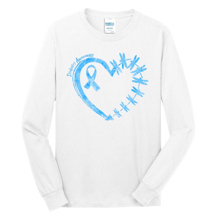 Diabetes Awareness Blue Dragonfly Ribbon Heart Tall Long Sleeve T-Shirt