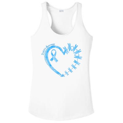 Diabetes Awareness Blue Dragonfly Ribbon Heart Ladies PosiCharge Competitor Racerback Tank