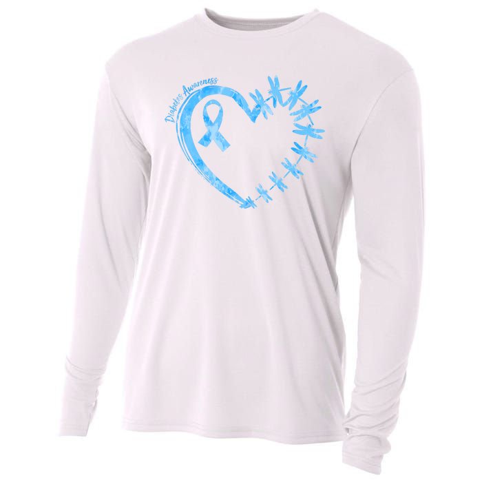 Diabetes Awareness Blue Dragonfly Ribbon Heart Cooling Performance Long Sleeve Crew