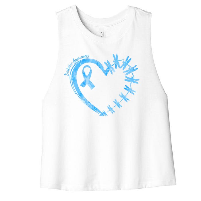 Diabetes Awareness Blue Dragonfly Ribbon Heart Women's Racerback Cropped Tank