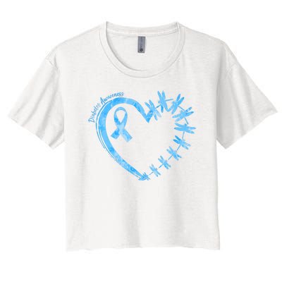 Diabetes Awareness Blue Dragonfly Ribbon Heart Women's Crop Top Tee