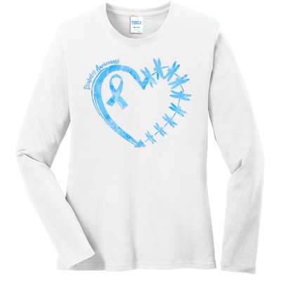 Diabetes Awareness Blue Dragonfly Ribbon Heart Ladies Long Sleeve Shirt