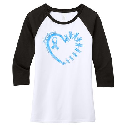 Diabetes Awareness Blue Dragonfly Ribbon Heart Women's Tri-Blend 3/4-Sleeve Raglan Shirt