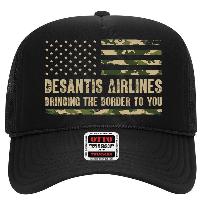 DeSantis Airlines Bringing The Border To You USA Camo Flag High Crown Mesh Back Trucker Hat