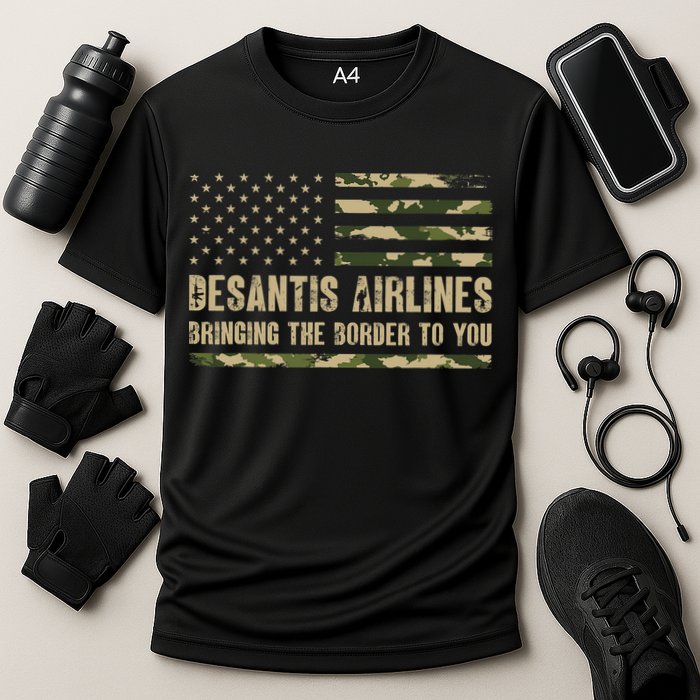 DeSantis Airlines Bringing The Border To You USA Camo Flag Cooling Performance Crew T-Shirt
