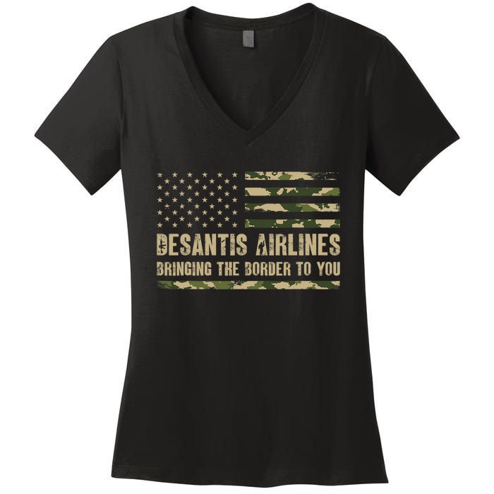 DeSantis Airlines Bringing The Border To You USA Camo Flag Women's V-Neck T-Shirt