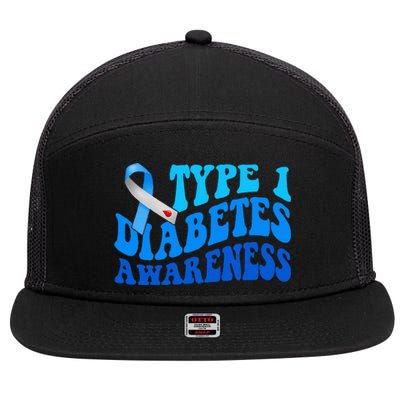 Diabetes Awareness Blue Ribbon T1D Warrior  7 Panel Mesh Trucker Snapback Hat