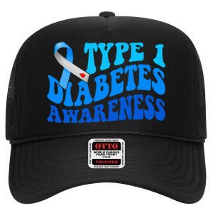 Diabetes Awareness Blue Ribbon T1D Warrior  High Crown Mesh Back Trucker Hat