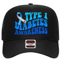 Diabetes Awareness Blue Ribbon T1D Warrior  High Crown Mesh Back Trucker Hat