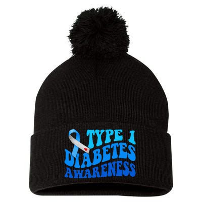 Diabetes Awareness Blue Ribbon T1D Warrior  Pom Pom 12in Knit Beanie