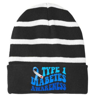 Diabetes Awareness Blue Ribbon T1D Warrior  Striped Beanie with Solid Band