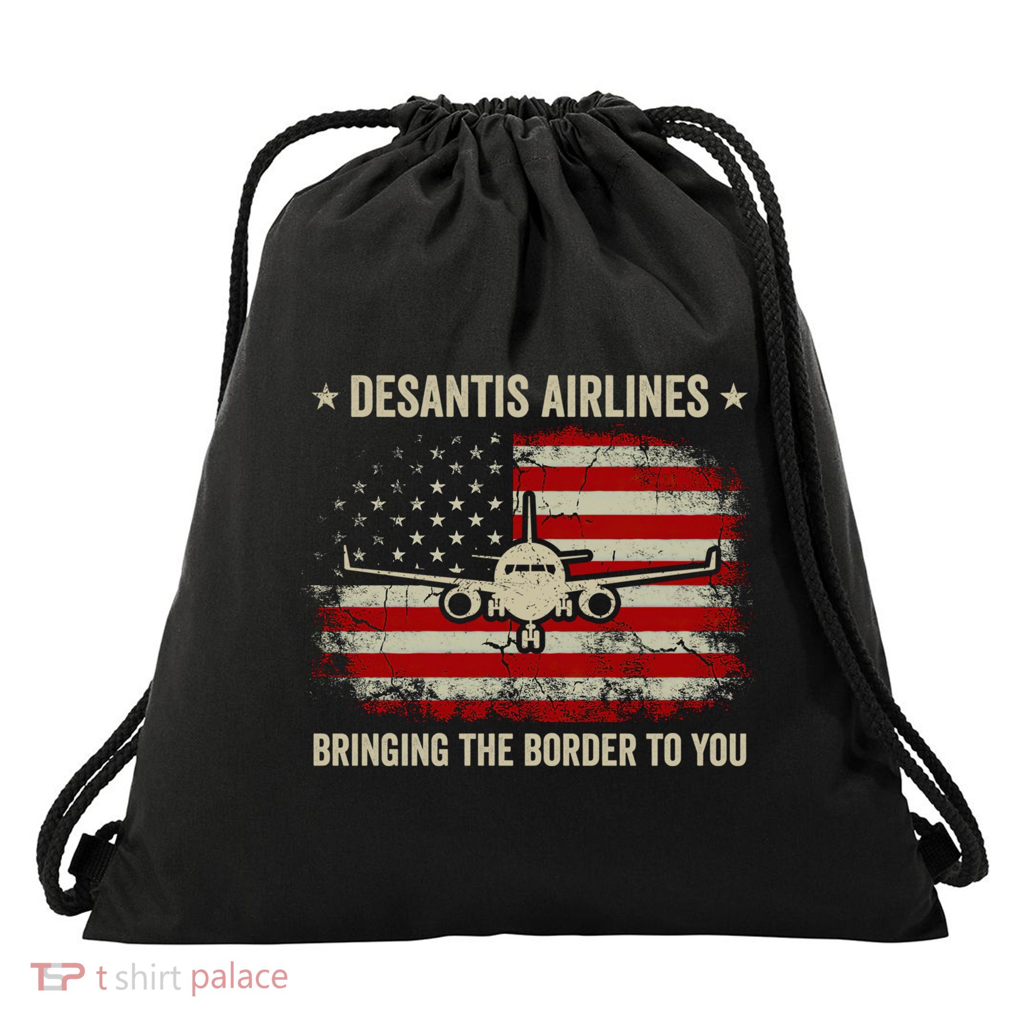DeSantis Airlines Bringing The Border To You American US Flag Vintage Drawstring Bag