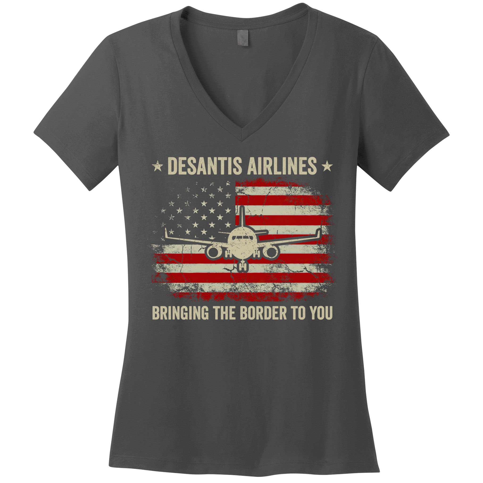 DeSantis Airlines Bringing The Border To You American US Flag Vintage Women's V-Neck T-Shirt