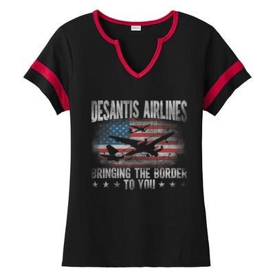 DeSantis Airlines Bringing The Border To You American US Flag Ladies Halftime Notch Neck Tee