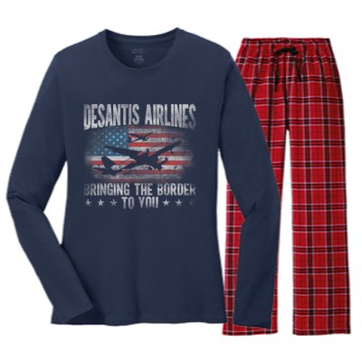 DeSantis Airlines Bringing The Border To You American US Flag Women's Long Sleeve Flannel Pajama Set 