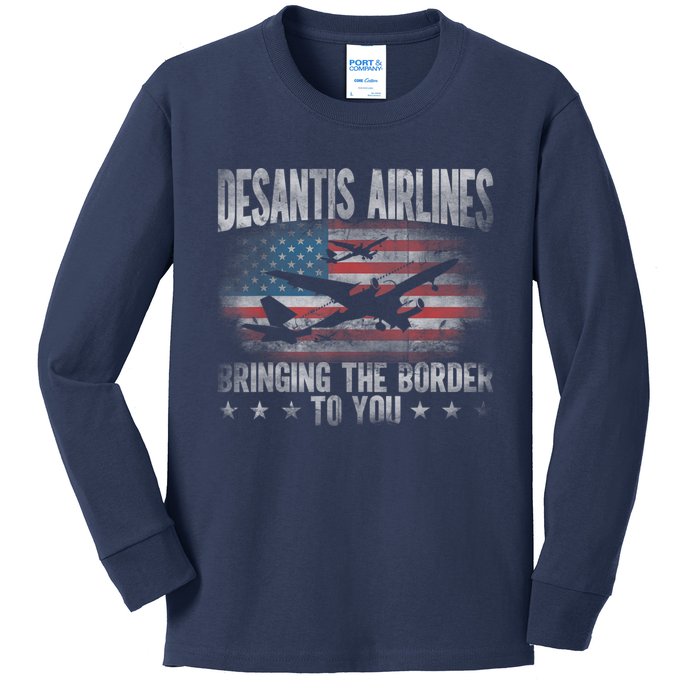 DeSantis Airlines Bringing The Border To You American US Flag Kids Long Sleeve Shirt