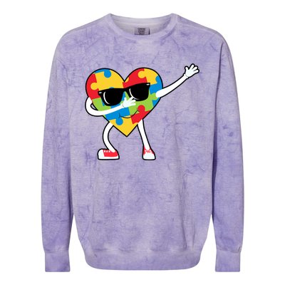 Dabbing Autism Awareness Puzzle Piece Heart Colorblast Crewneck Sweatshirt