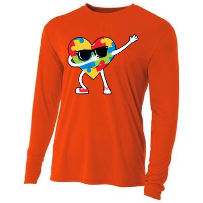 Dabbing Autism Awareness Puzzle Piece Heart Cooling Performance Long Sleeve Crew