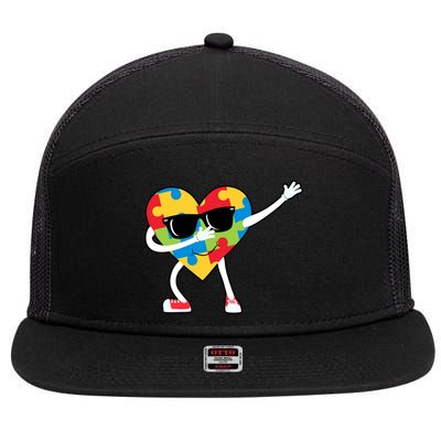 Dabbing Autism Awareness Puzzle Piece Heart 7 Panel Mesh Trucker Snapback Hat