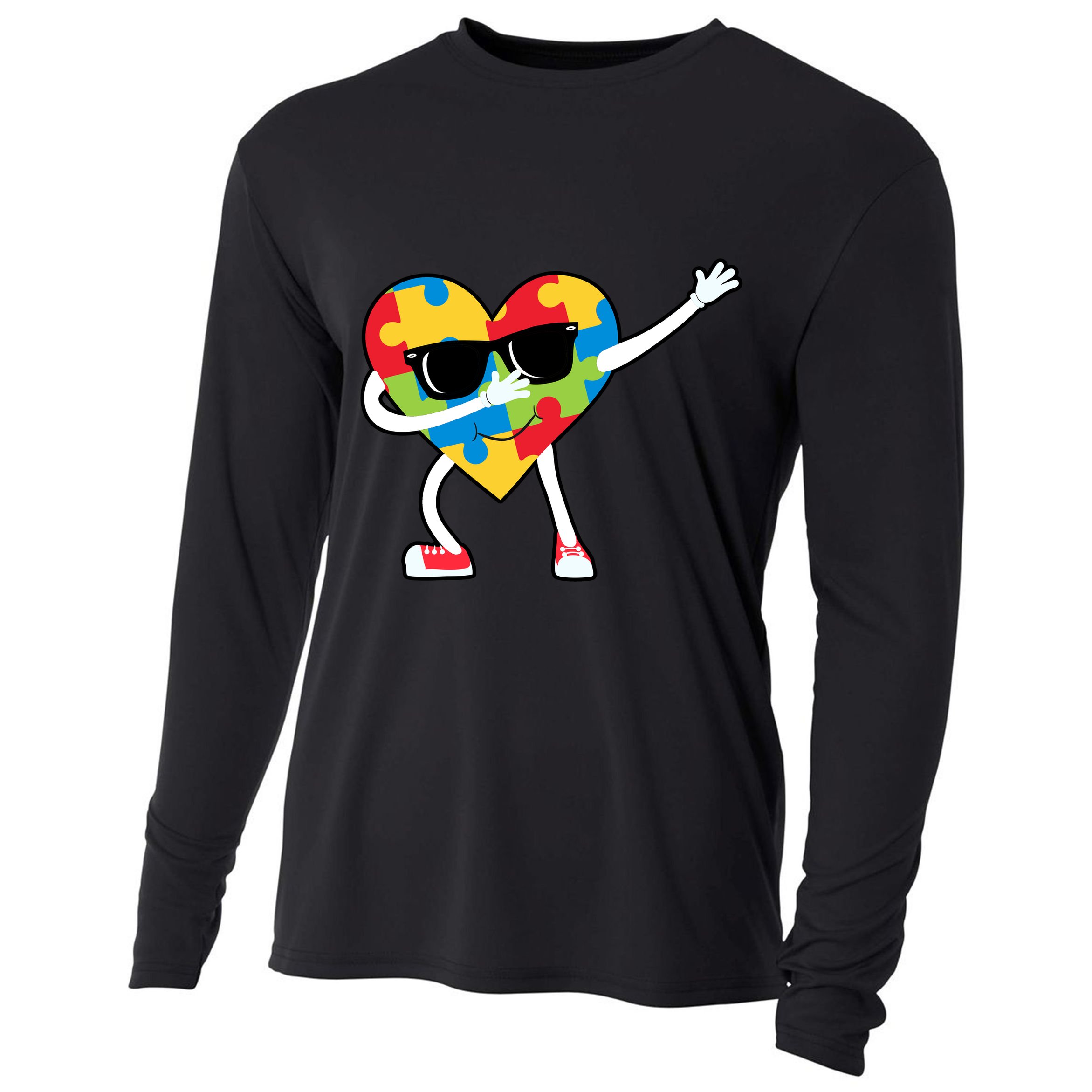 Dabbing Autism Awareness Puzzle Piece Heart Cooling Performance Long Sleeve Crew