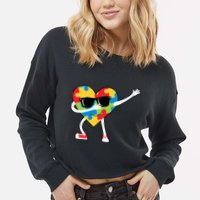 Dabbing Autism Awareness Puzzle Piece Heart Cropped Pullover Crew