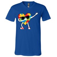 Dabbing Autism Awareness Puzzle Piece Heart V-Neck T-Shirt