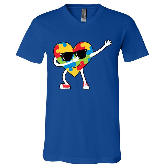 Dabbing Autism Awareness Puzzle Piece Heart V-Neck T-Shirt