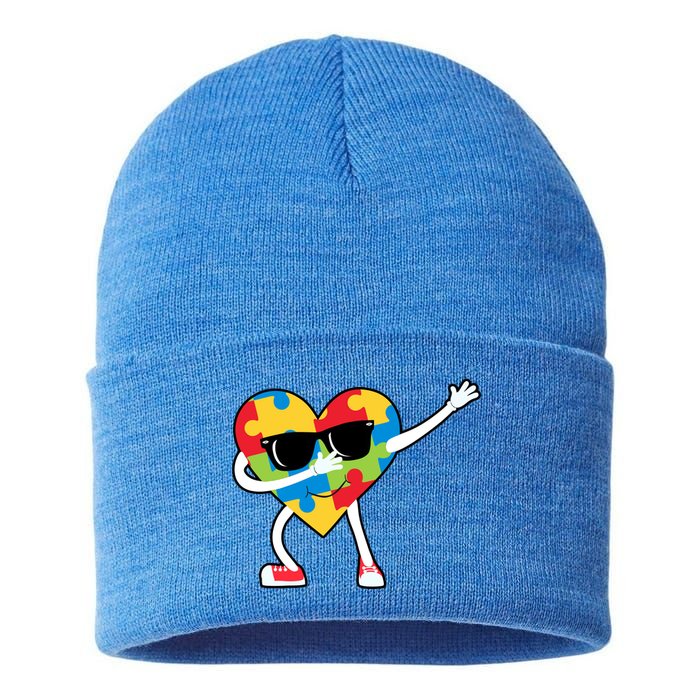 Dabbing Autism Awareness Puzzle Piece Heart Sustainable Knit Beanie