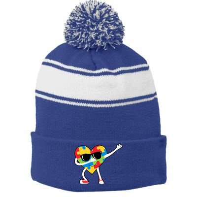 Dabbing Autism Awareness Puzzle Piece Heart Stripe Pom Pom Beanie