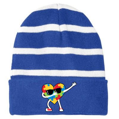 Dabbing Autism Awareness Puzzle Piece Heart Striped Beanie with Solid Band