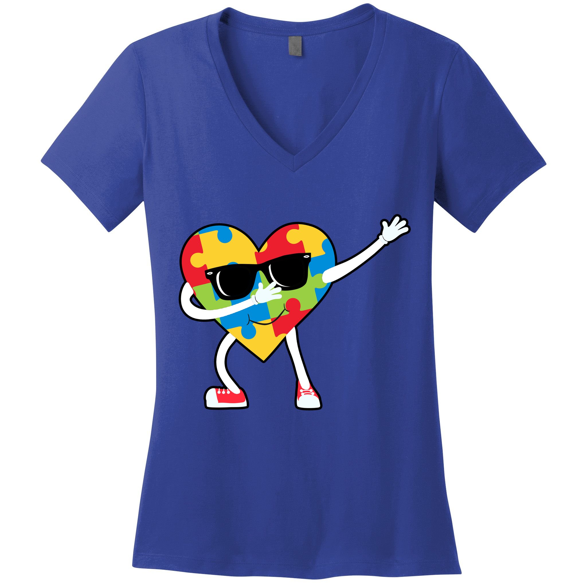 Dabbing Autism Awareness Puzzle Piece Heart Women's V-Neck T-Shirt