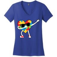 Dabbing Autism Awareness Puzzle Piece Heart Women's V-Neck T-Shirt