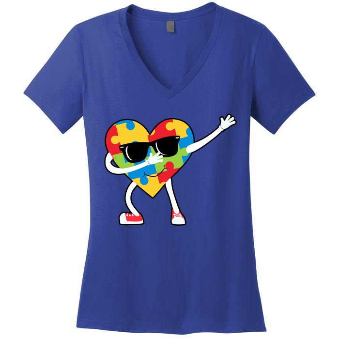 Dabbing Autism Awareness Puzzle Piece Heart Women's V-Neck T-Shirt