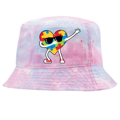 Dabbing Autism Awareness Puzzle Piece Heart Tie-Dyed Bucket Hat