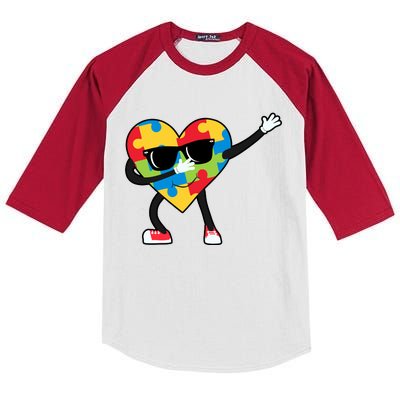 Dabbing Autism Awareness Puzzle Piece Heart Kids Colorblock Raglan Jersey