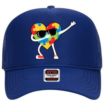 Dabbing Autism Awareness Puzzle Piece Heart High Crown Mesh Back Trucker Hat