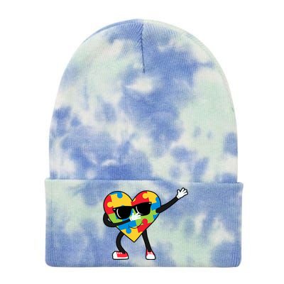 Dabbing Autism Awareness Puzzle Piece Heart Tie Dye 12in Knit Beanie