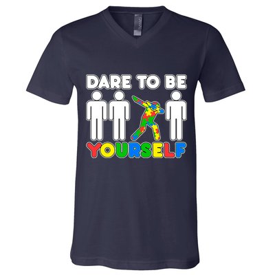 Dabbing Dare to be Yourself Autism Awareness V-Neck T-Shirt
