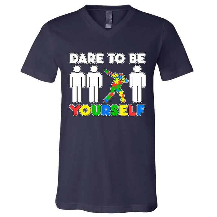 Dabbing Dare to be Yourself Autism Awareness V-Neck T-Shirt