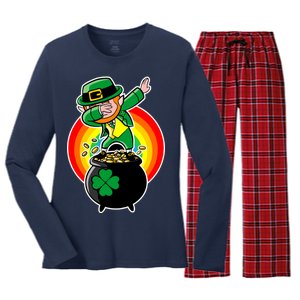 Dabbing Leprechaun Funny Irish Dab St. Patrick's Day Women's Long Sleeve Flannel Pajama Set 