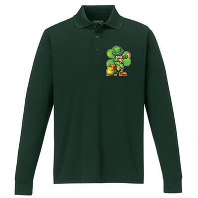 Dabbing Leprechaun Pot Of Gold Performance Long Sleeve Polo