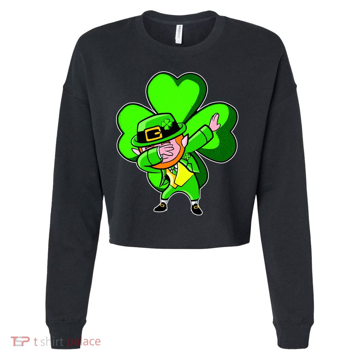 Dabbing Leprechaun St. Patrick's Day Clover Cropped Pullover Crew