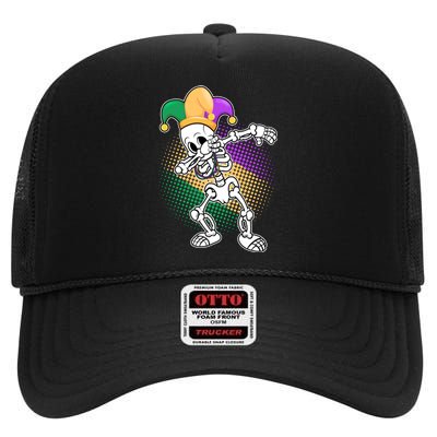 Dabbing Mardi Gras Skeleton High Crown Mesh Back Trucker Hat