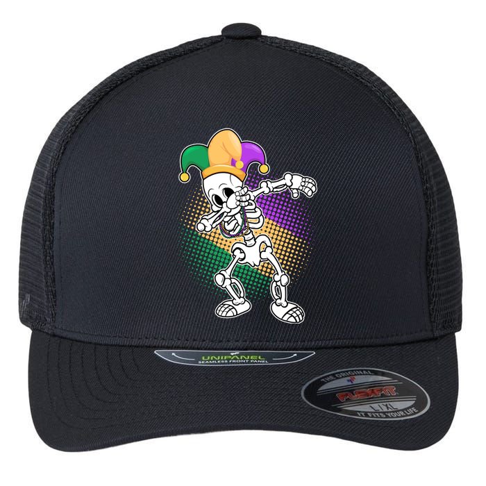 Dabbing Mardi Gras Skeleton Flexfit Unipanel Trucker Cap