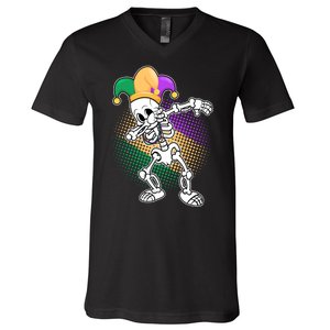 Dabbing Mardi Gras Skeleton V-Neck T-Shirt