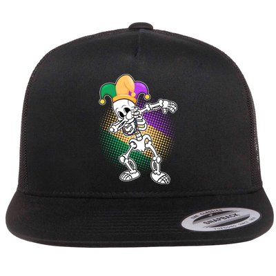 Dabbing Mardi Gras Skeleton Flat Bill Trucker Hat