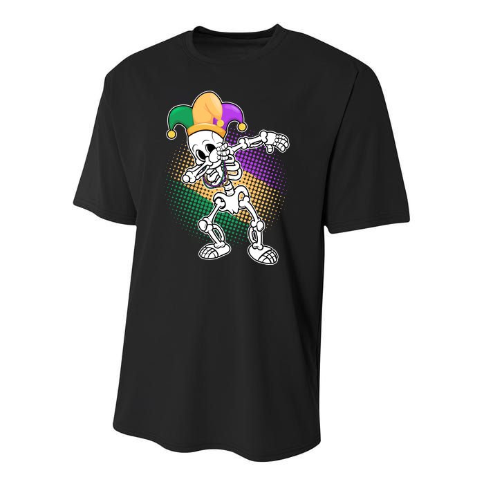 Dabbing Mardi Gras Skeleton Youth Performance Sprint T-Shirt