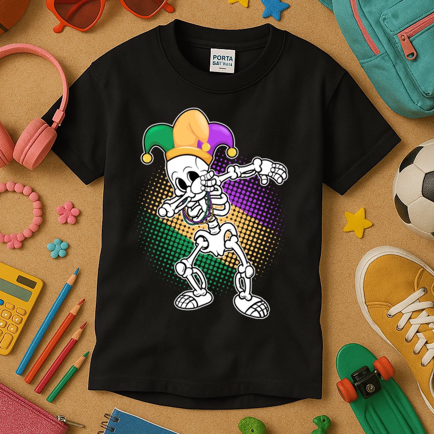 Dabbing Mardi Gras Skeleton Kids T-Shirt